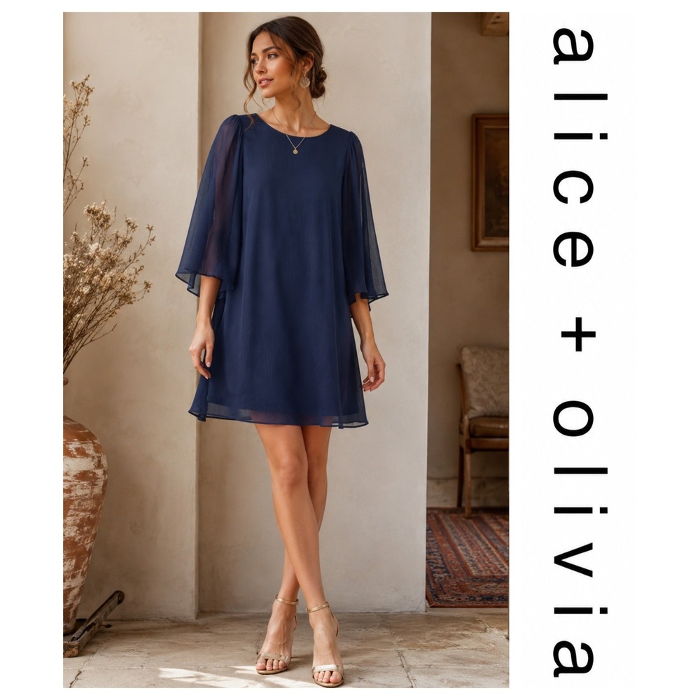 Alice + Olivia Odette Flutter Sleeve Navy Blue Chiffon Mini Shift Dress L